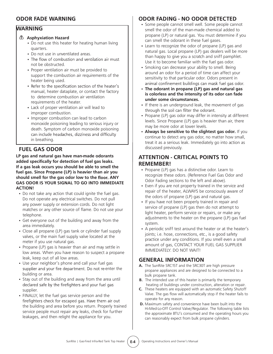 Odor fade warning warning, Fuel gas odor, Odor fading - no odor detected | Attention - critical points to remember, General information | Mr. Heater SUNRITE SRC30T User Manual | Page 4 / 24