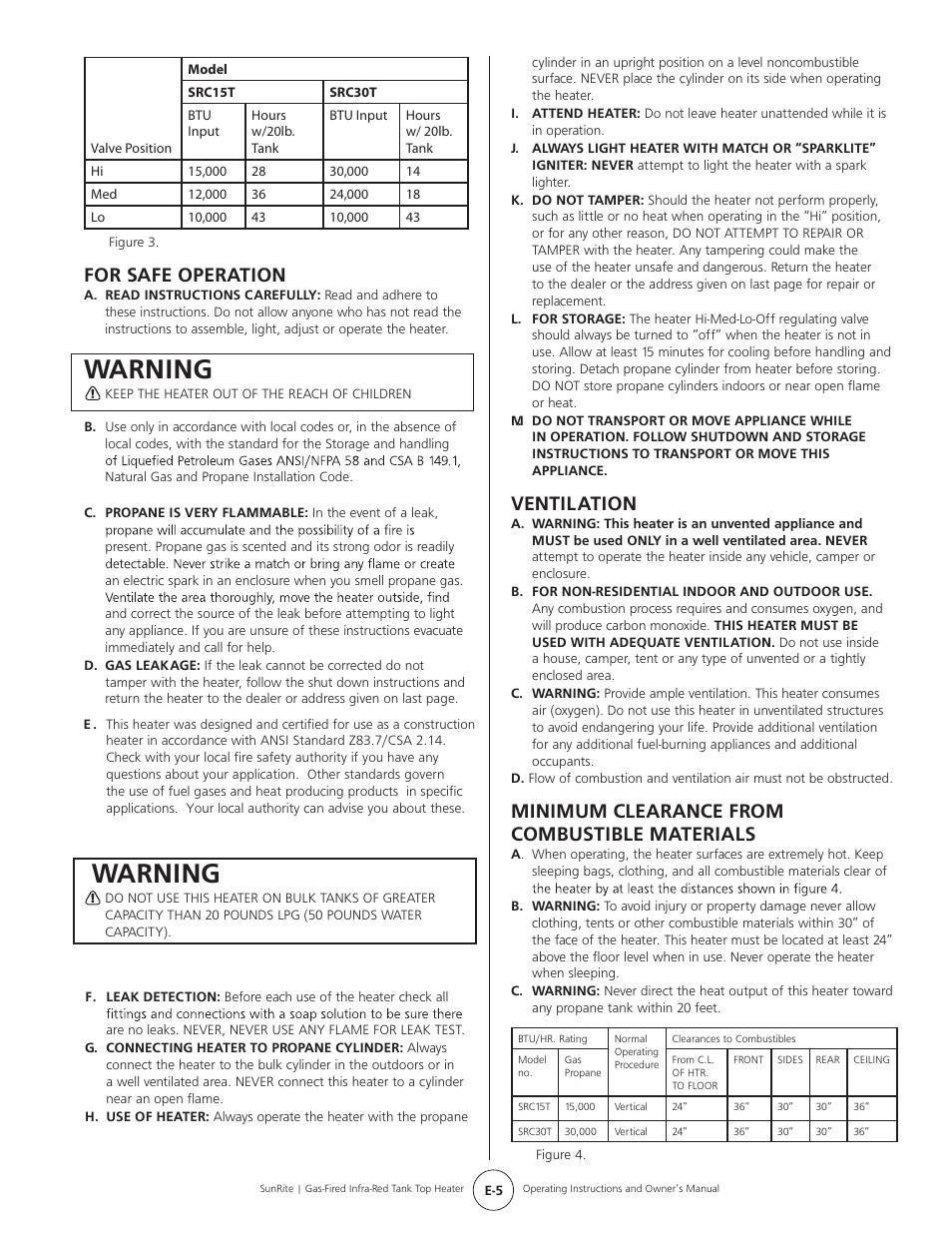 Warning, For safe operation, Ventilation | Minimum clearance from combustible materials | Mr. Heater SUNRITE SRC30T User Manual | Page 5 / 24