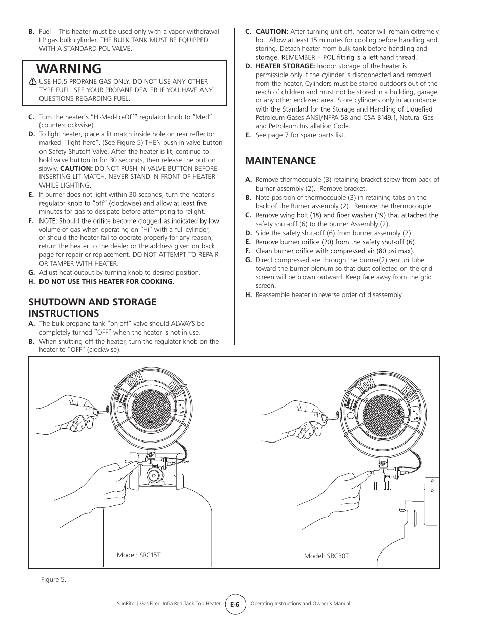 Warning, Shutdown and storage instructions, Maintenance | Mr. Heater SUNRITE SRC30T User Manual | Page 6 / 24