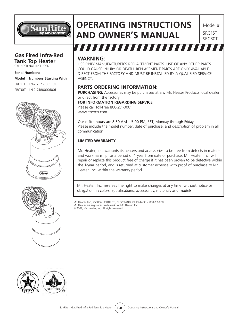 Operating instructions and owner’s manual, Warning, Gas fired infra-red tank top heater | Parts ordering information | Mr. Heater SUNRITE SRC30T User Manual | Page 8 / 24