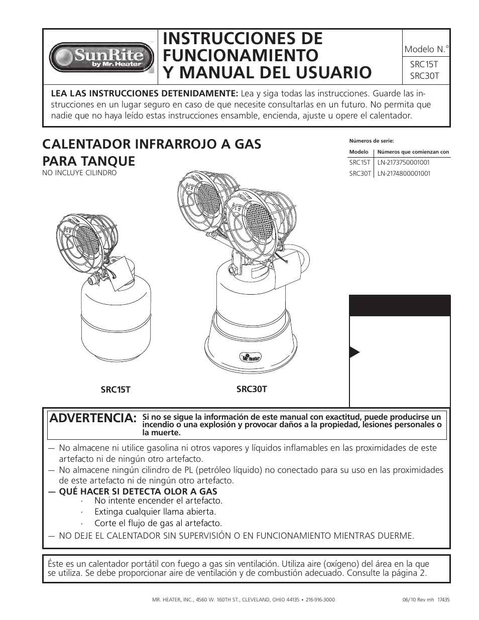 Calentador infrarrojo a gas para tanque, Advertencia | Mr. Heater SUNRITE SRC30T User Manual | Page 9 / 24