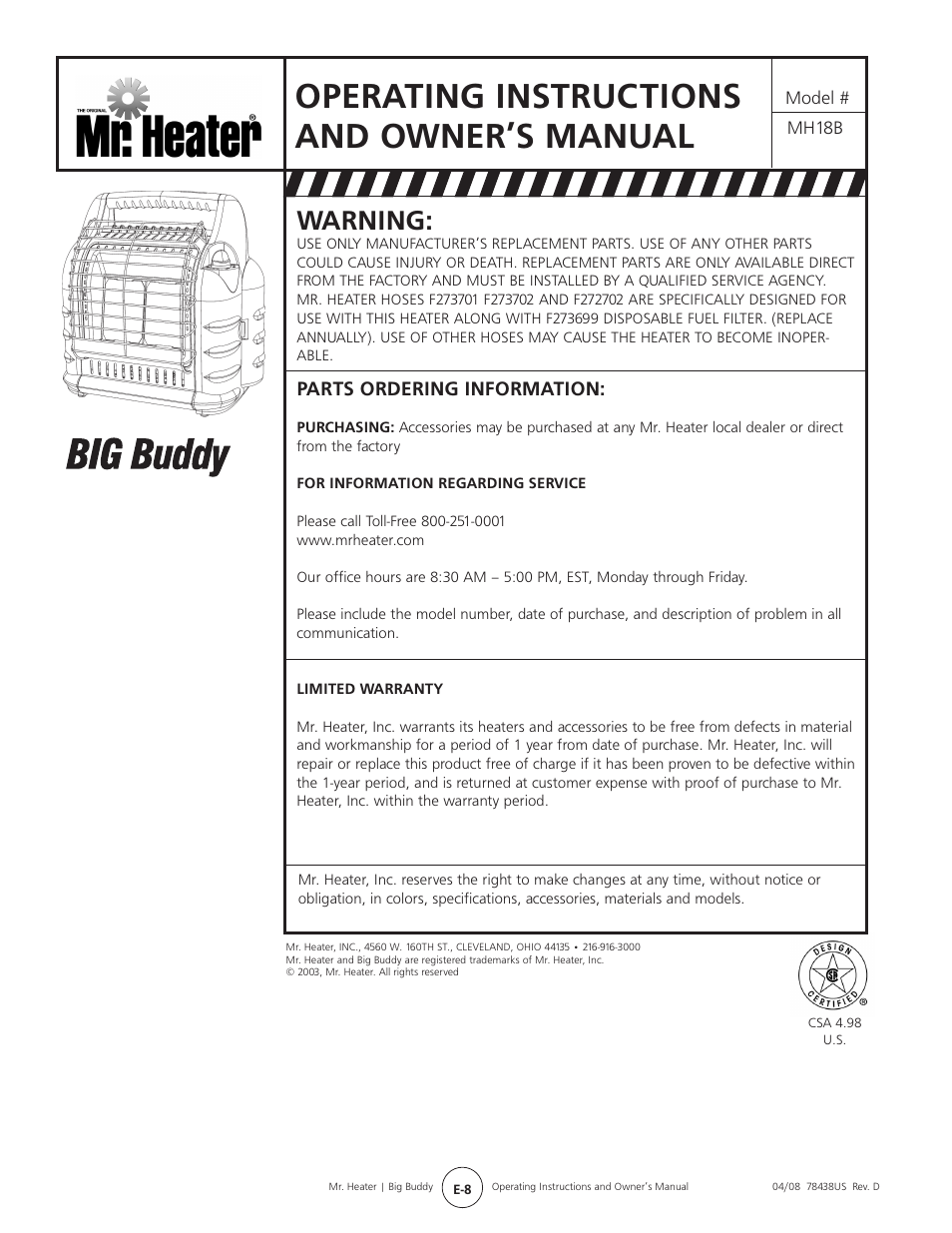 Operating instructions and owner’s manual, Warning, Parts ordering information | Mr. Heater BIG BUDDY MH188 User Manual | Page 8 / 16