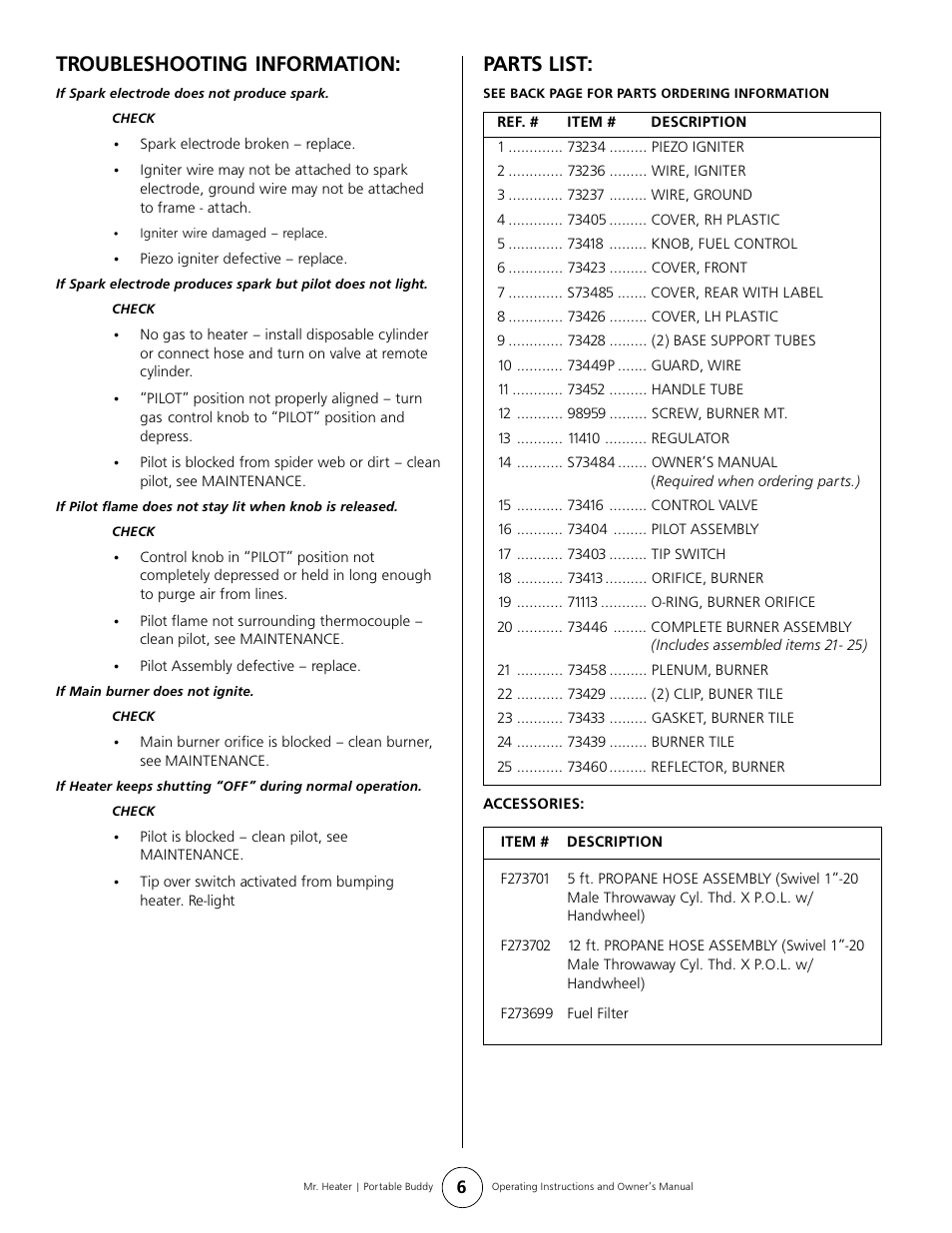 Troubleshooting information, Parts list | Mr. Heater BUDDY MH9B User Manual | Page 6 / 8