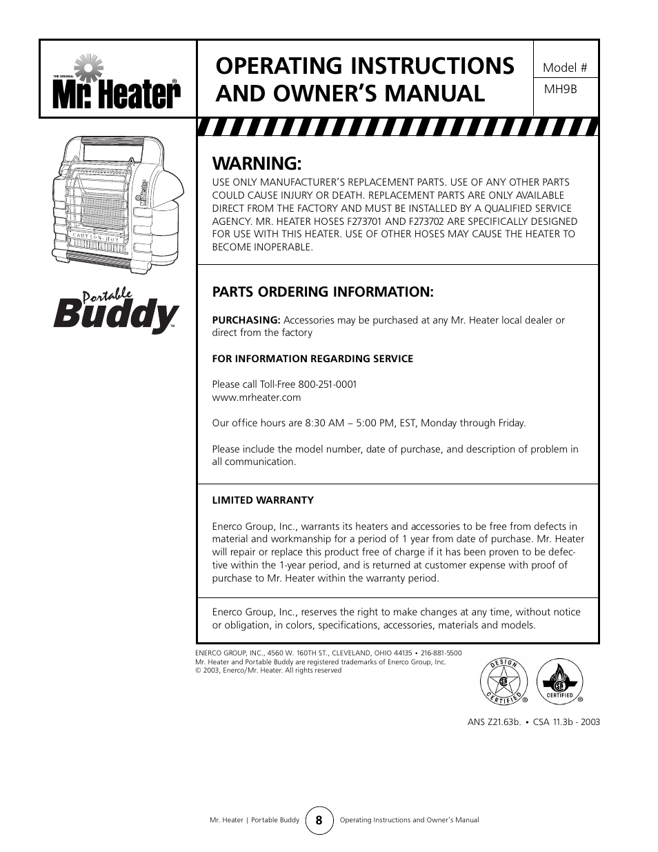 Operating instructions and owner’s manual, Warning, Parts ordering information | Mr. Heater BUDDY MH9B User Manual | Page 8 / 8