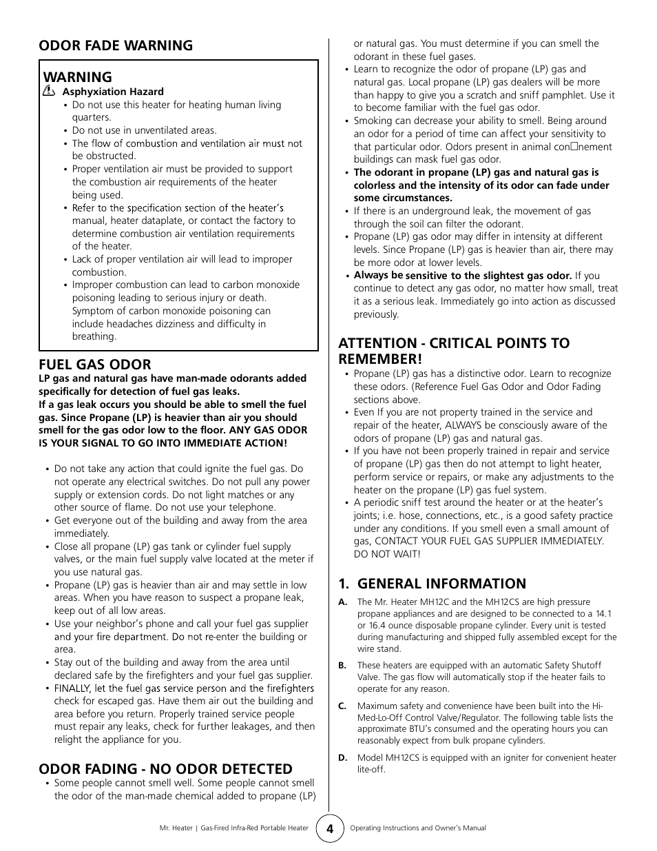 Odor fade warning warning, General information, Fuel gas odor | Odor fading - no odor detected, Attention - critical points to remember | Mr. Heater MH12C User Manual | Page 4 / 8