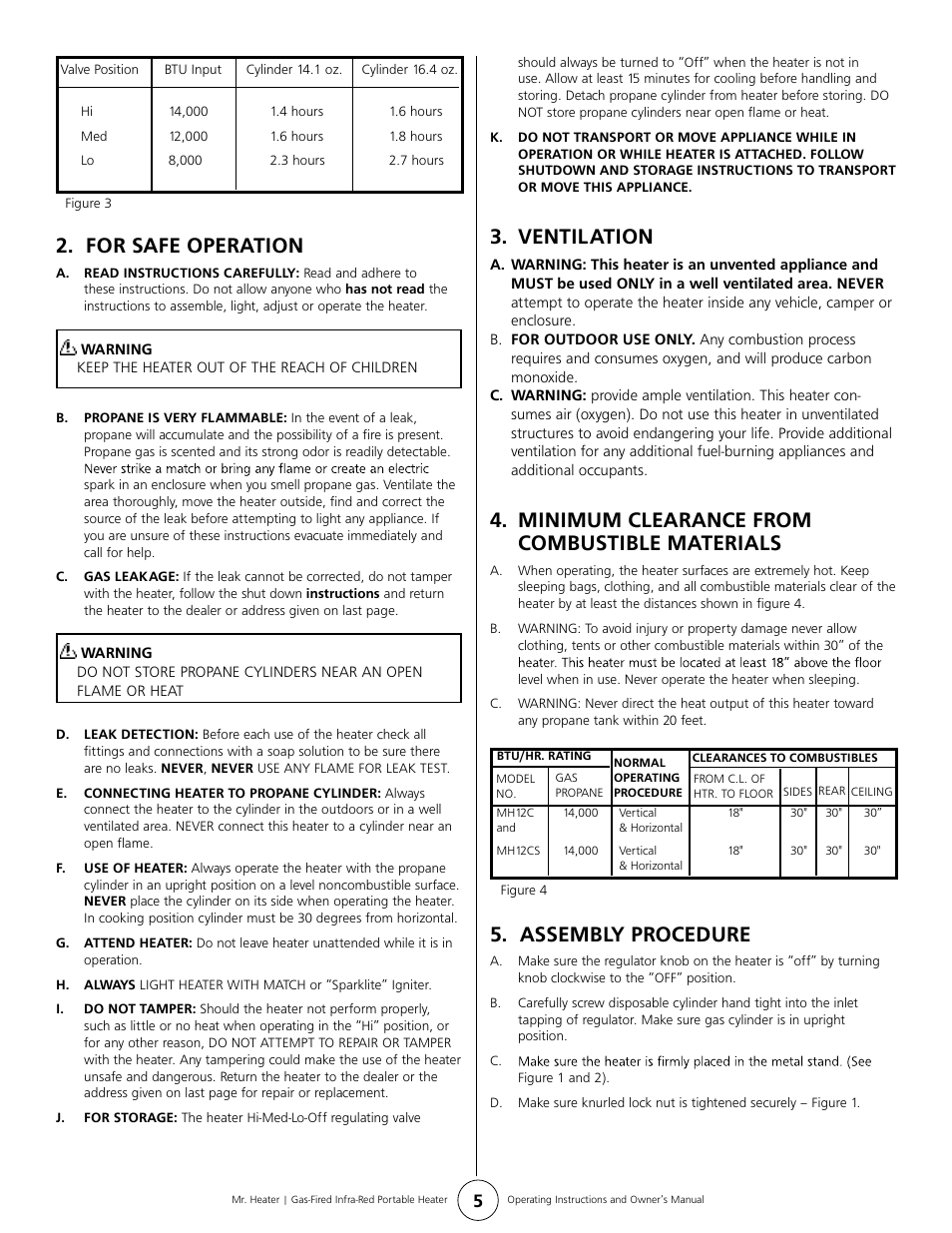 For safe operation, Ventilation, Minimum clearance from combustible materials | Assembly procedure | Mr. Heater MH12C User Manual | Page 5 / 8
