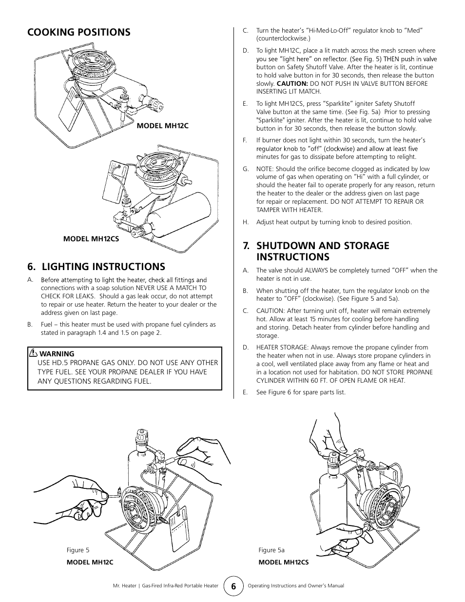 Lighting instructions, Shutdown and storage instructions, Cooking positions | Mr. Heater MH12C User Manual | Page 6 / 8