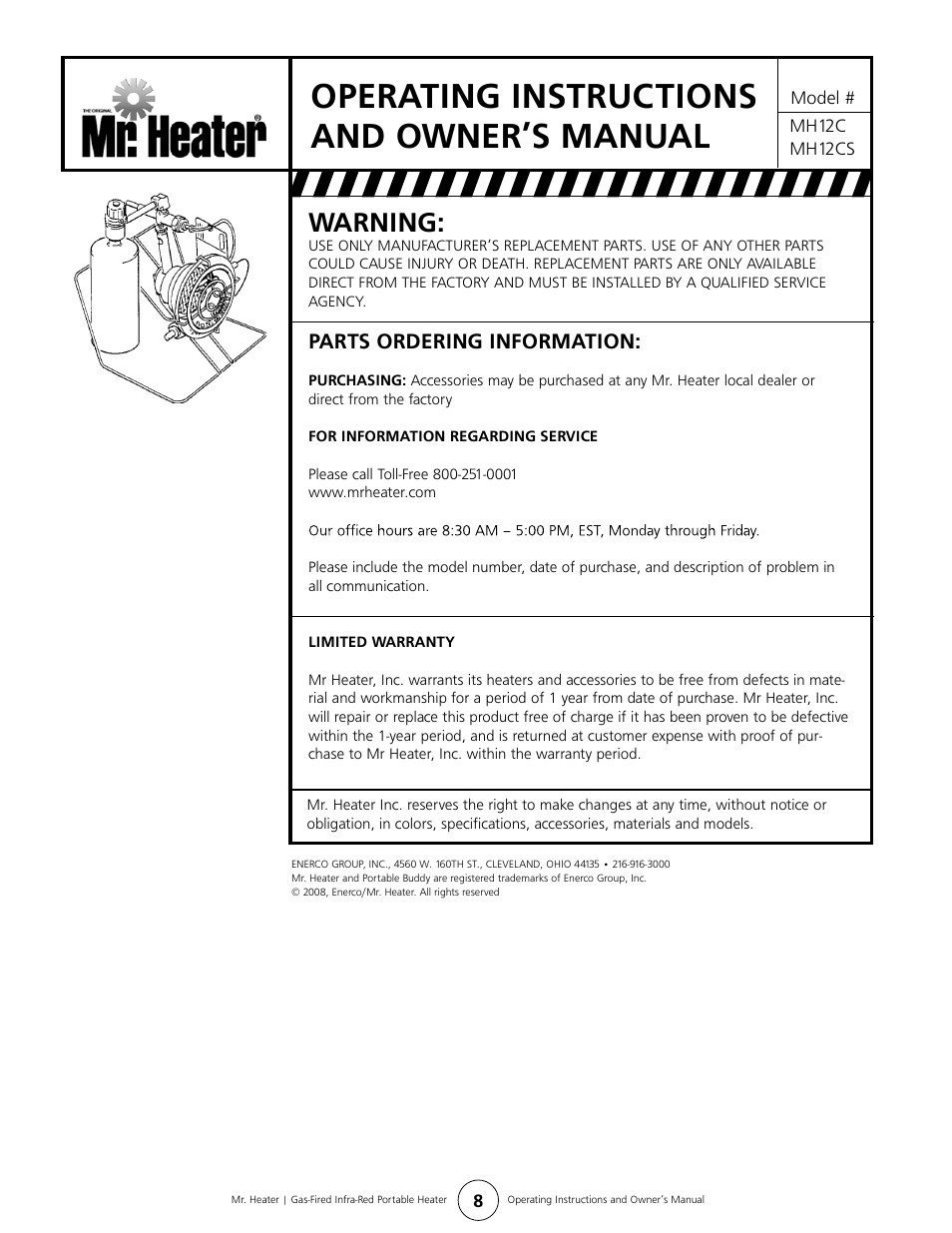 Operating instructions and owner’s manual, Warning, Parts ordering information | Mr. Heater MH12C User Manual | Page 8 / 8