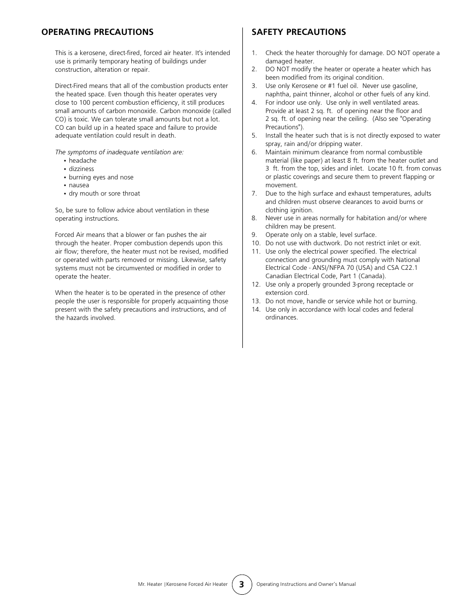 Operating precautions, Safety precautions | Mr. Heater MH50K User Manual | Page 3 / 8