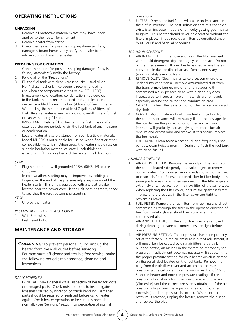 Operating instructions, Maintenance and storage | Mr. Heater MH50K User Manual | Page 4 / 8