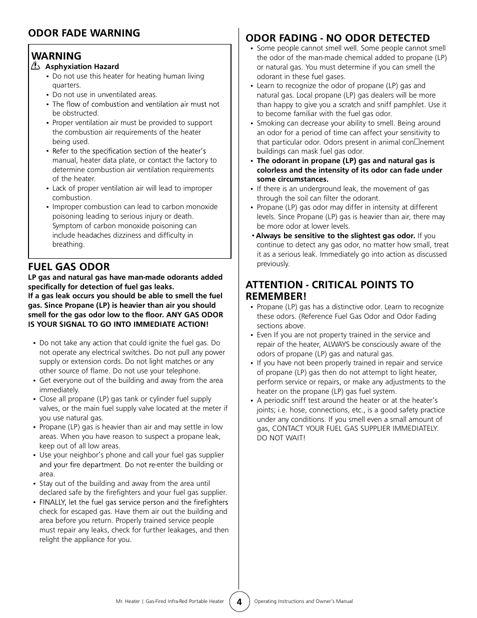 Odor fade warning warning, Fuel gas odor, Odor fading - no odor detected | Attention - critical points to remember | Mr. Heater MH12TS User Manual | Page 4 / 8