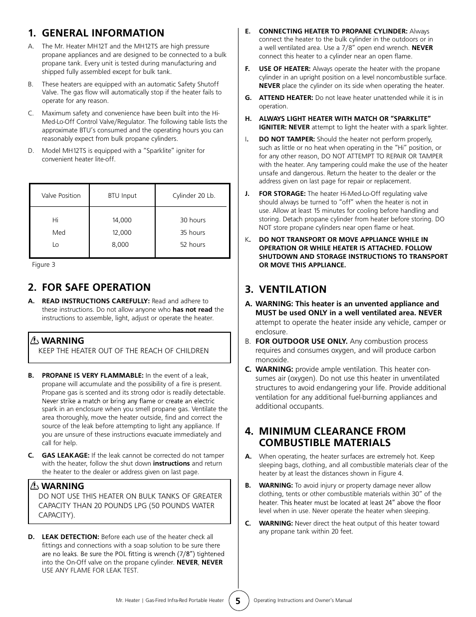 General information, For safe operation, Ventilation | Minimum clearance from combustible materials | Mr. Heater MH12TS User Manual | Page 5 / 8