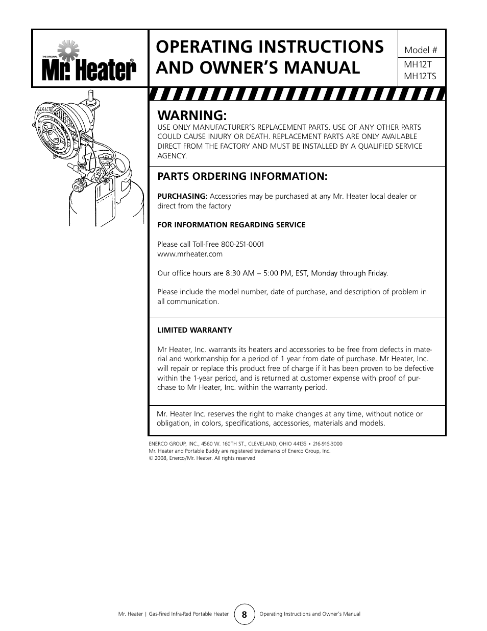 Operating instructions and owner’s manual, Warning, Parts ordering information | Mr. Heater MH12TS User Manual | Page 8 / 8