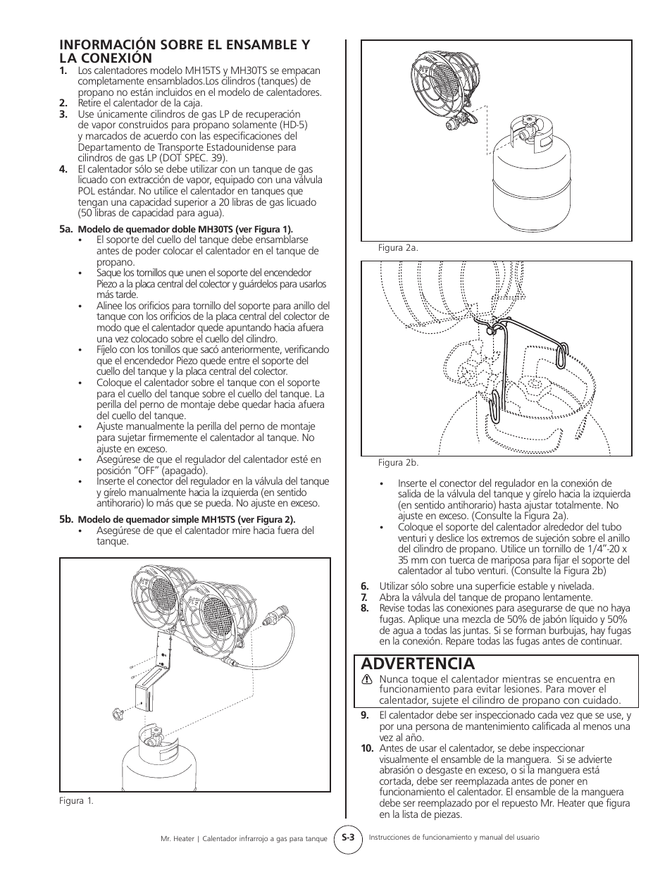 Advertencia, Información sobre el ensamble y la conexión | Mr. Heater Gas-Fired Infrared Tank Top Heater MH15tS User Manual | Page 11 / 24