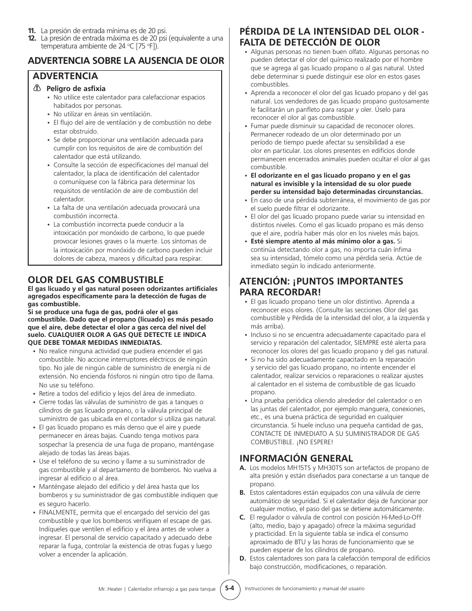 Advertencia sobre la ausencia de olor advertencia, Olor del gas combustible, Atención: ¡puntos importantes para recordar | Información general | Mr. Heater Gas-Fired Infrared Tank Top Heater MH15tS User Manual | Page 12 / 24