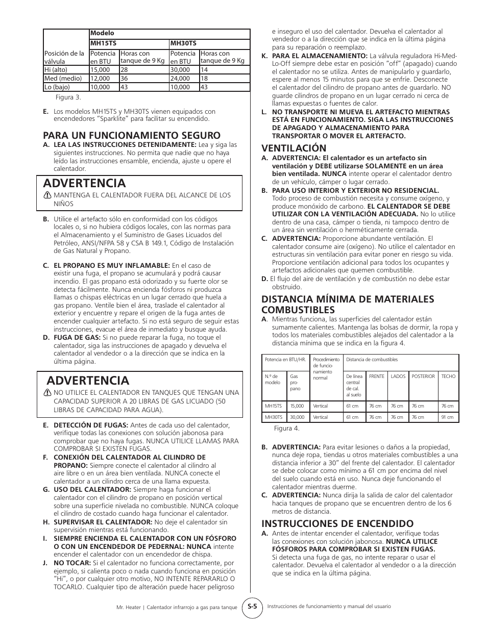 Advertencia, Para un funcionamiento seguro, Ventilación | Distancia mínima de materiales combustibles, Instrucciones de encendido | Mr. Heater Gas-Fired Infrared Tank Top Heater MH15tS User Manual | Page 13 / 24