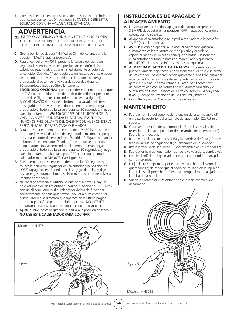 Advertencia, Instrucciones de apagado y almacenamiento, Mantenimiento | Mr. Heater Gas-Fired Infrared Tank Top Heater MH15tS User Manual | Page 14 / 24