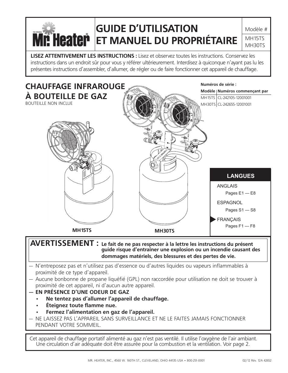 Guide d’utilisation et manuel du propriétaire, Chauffage infrarouge à bouteille de gaz, Avertissement | Mr. Heater Gas-Fired Infrared Tank Top Heater MH15tS User Manual | Page 17 / 24