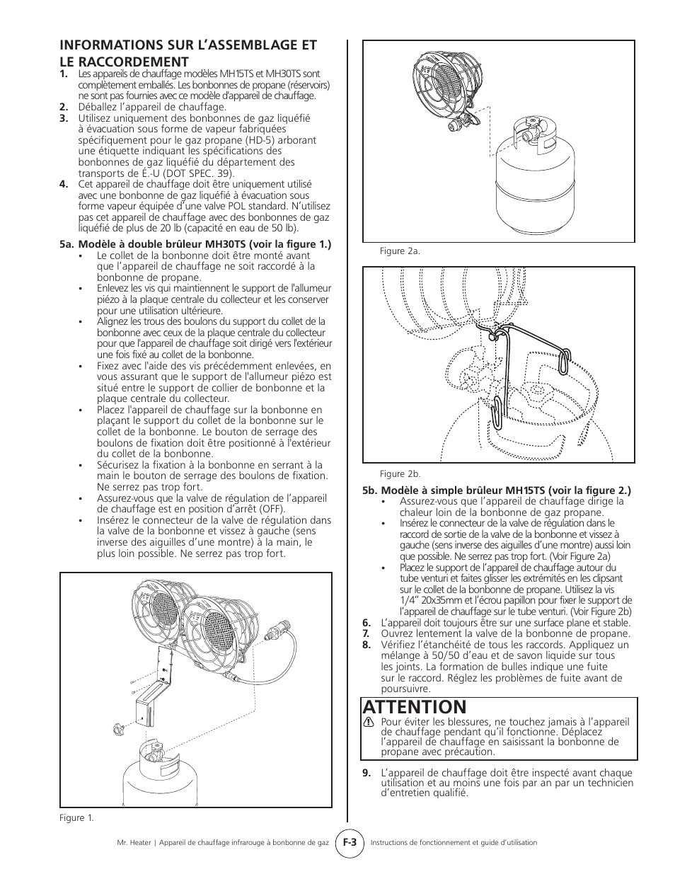 Attention, Informations sur l’assemblage et le raccordement | Mr. Heater Gas-Fired Infrared Tank Top Heater MH15tS User Manual | Page 19 / 24