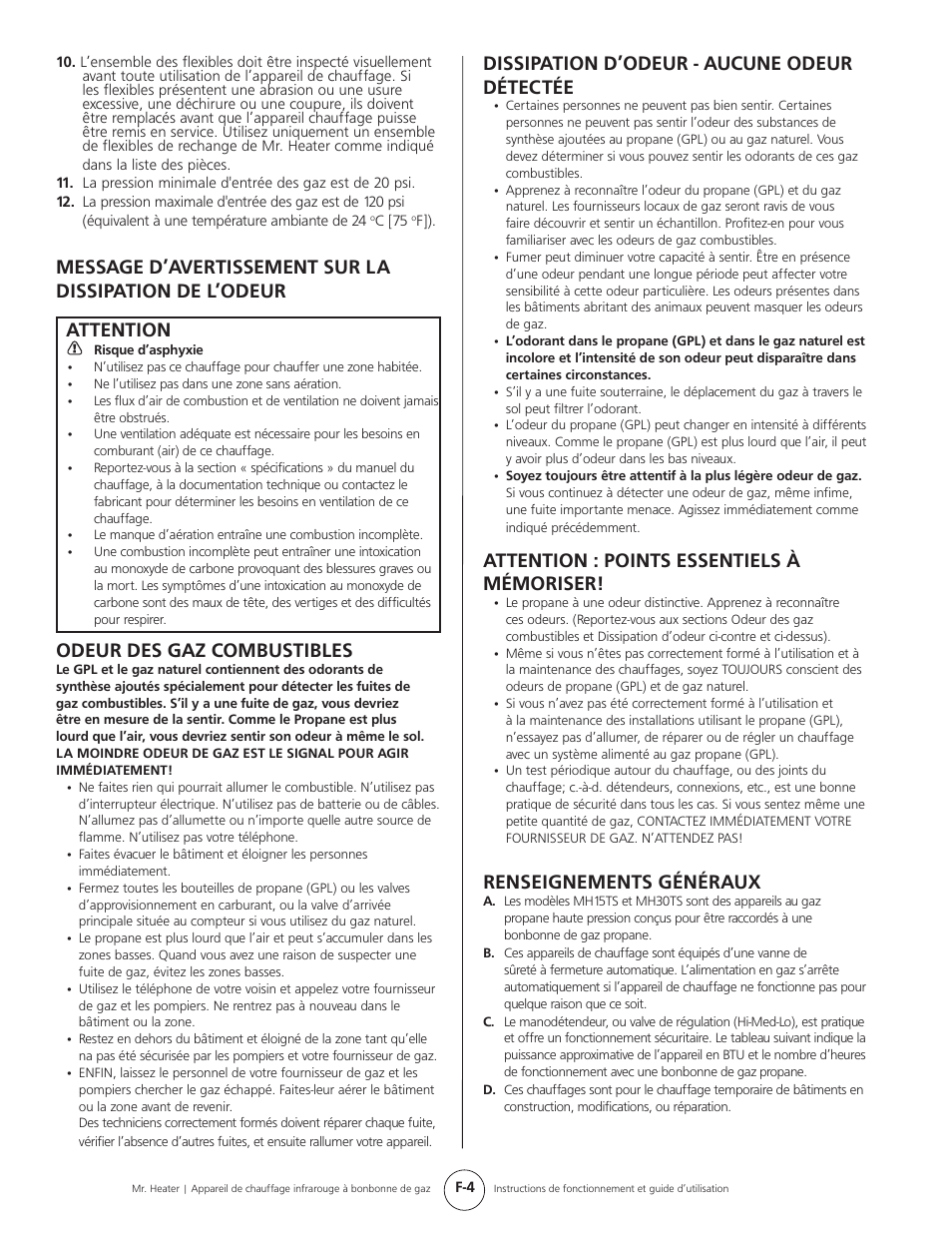 Renseignements généraux, Odeur des gaz combustibles, Dissipation d’odeur - aucune odeur détectée | Attention : points essentiels à mémoriser | Mr. Heater Gas-Fired Infrared Tank Top Heater MH15tS User Manual | Page 20 / 24