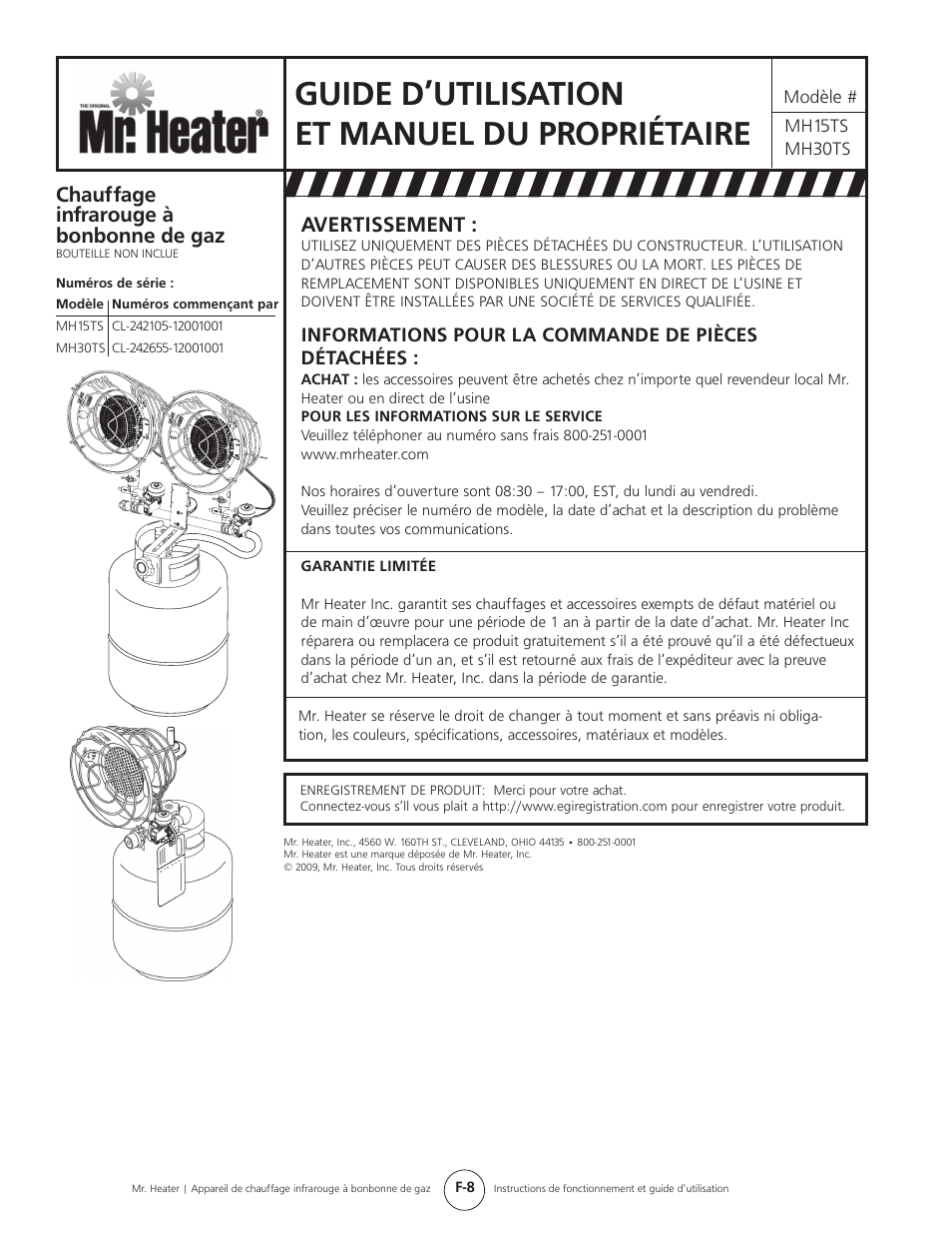 Guide d’utilisation et manuel du propriétaire, Avertissement, Chauffage infrarouge à bonbonne de gaz | Mr. Heater Gas-Fired Infrared Tank Top Heater MH15tS User Manual | Page 24 / 24