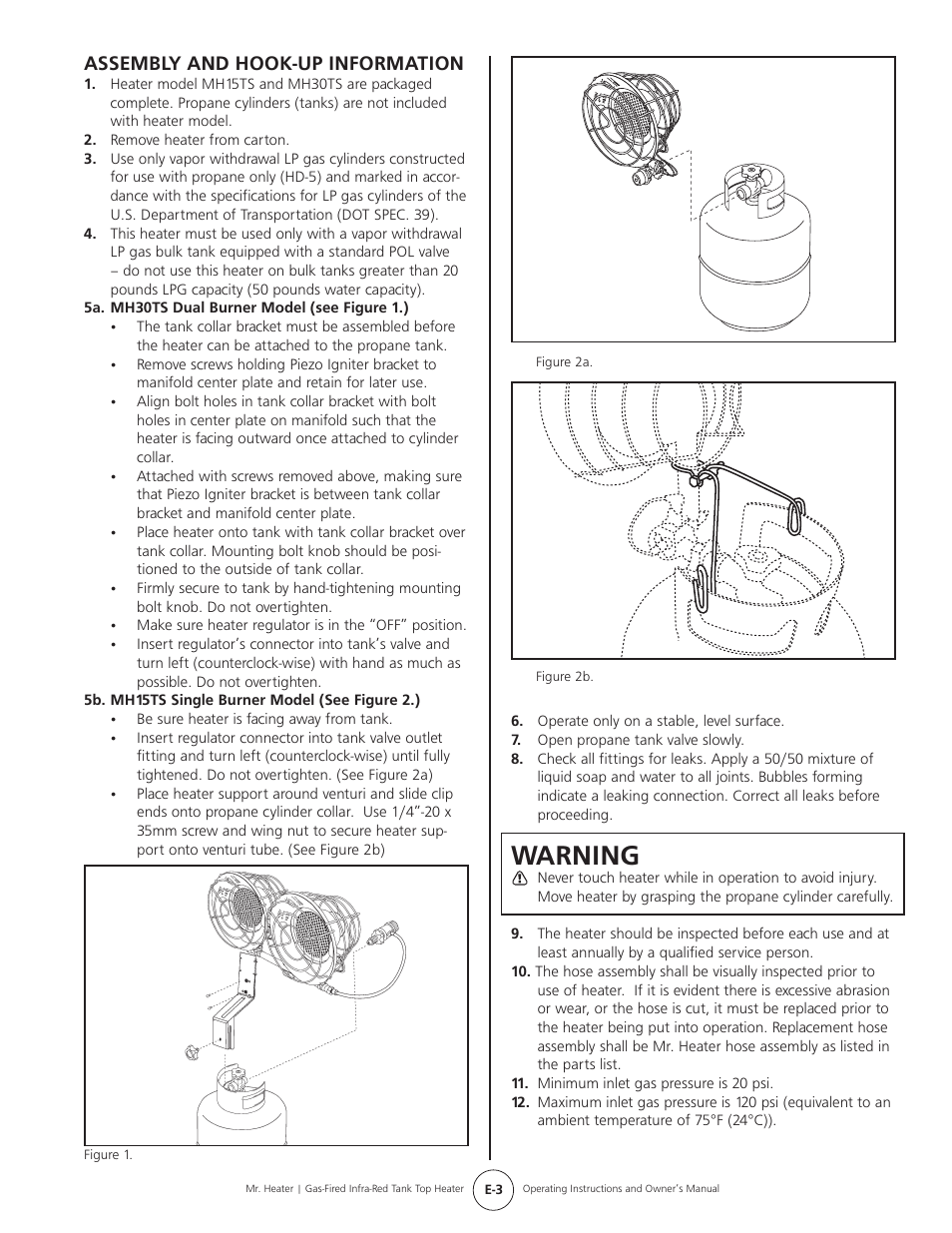 Warning, Assembly and hook-up information | Mr. Heater Gas-Fired Infrared Tank Top Heater MH15tS User Manual | Page 3 / 24