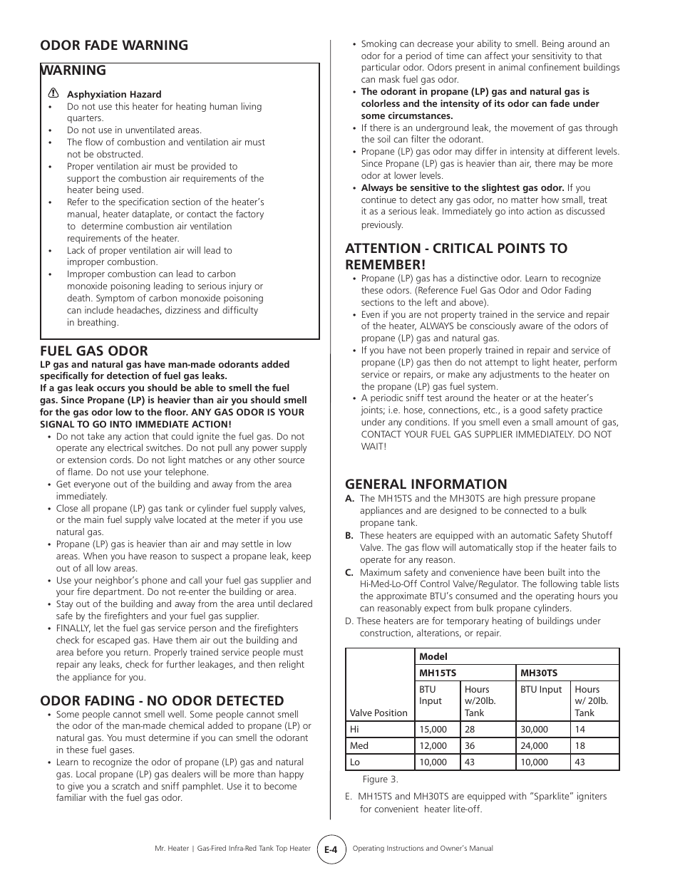 General information, Odor fade warning warning, Fuel gas odor | Odor fading - no odor detected, Attention - critical points to remember | Mr. Heater Gas-Fired Infrared Tank Top Heater MH15tS User Manual | Page 4 / 24