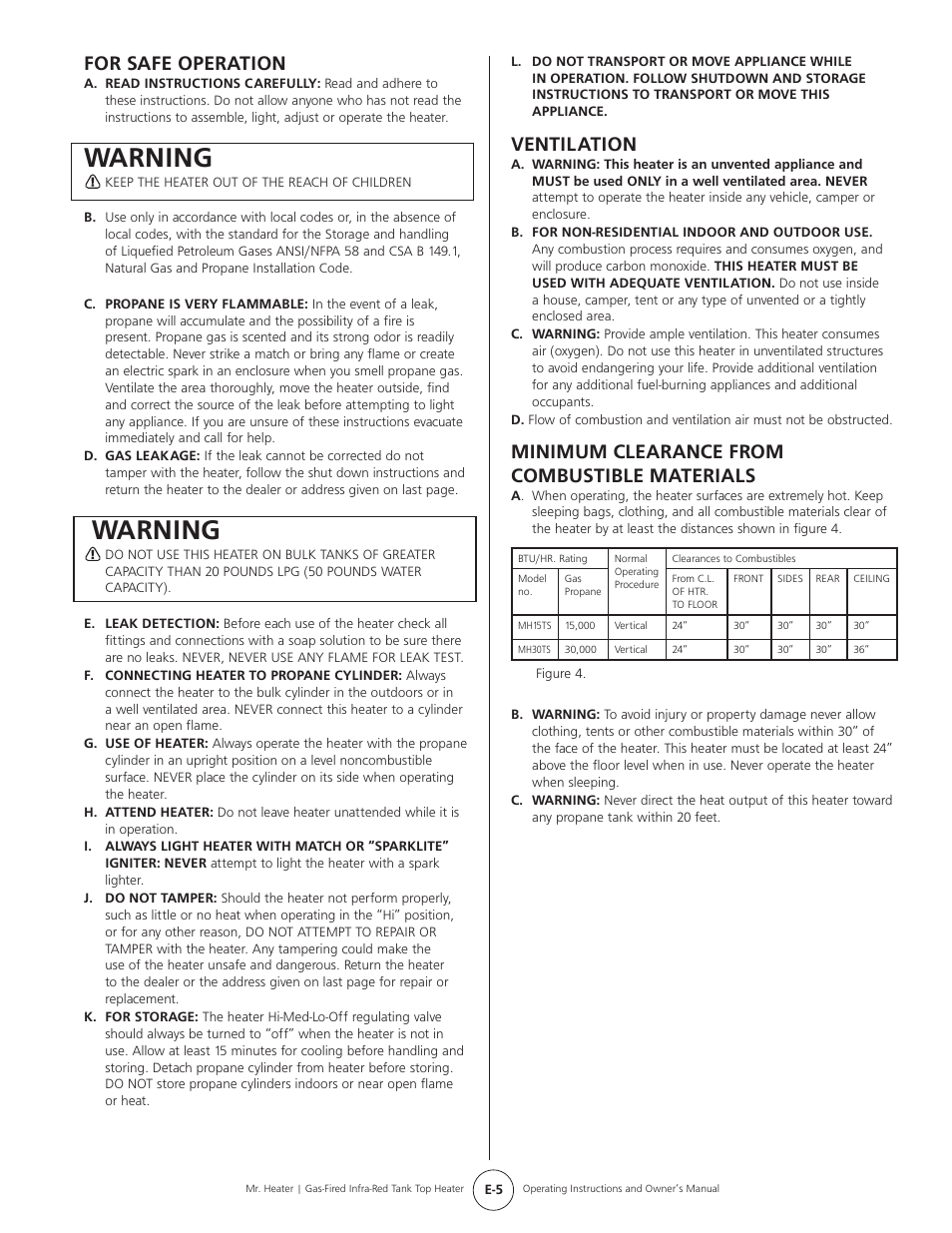 Warning, For safe operation, Ventilation | Minimum clearance from combustible materials | Mr. Heater Gas-Fired Infrared Tank Top Heater MH15tS User Manual | Page 5 / 24