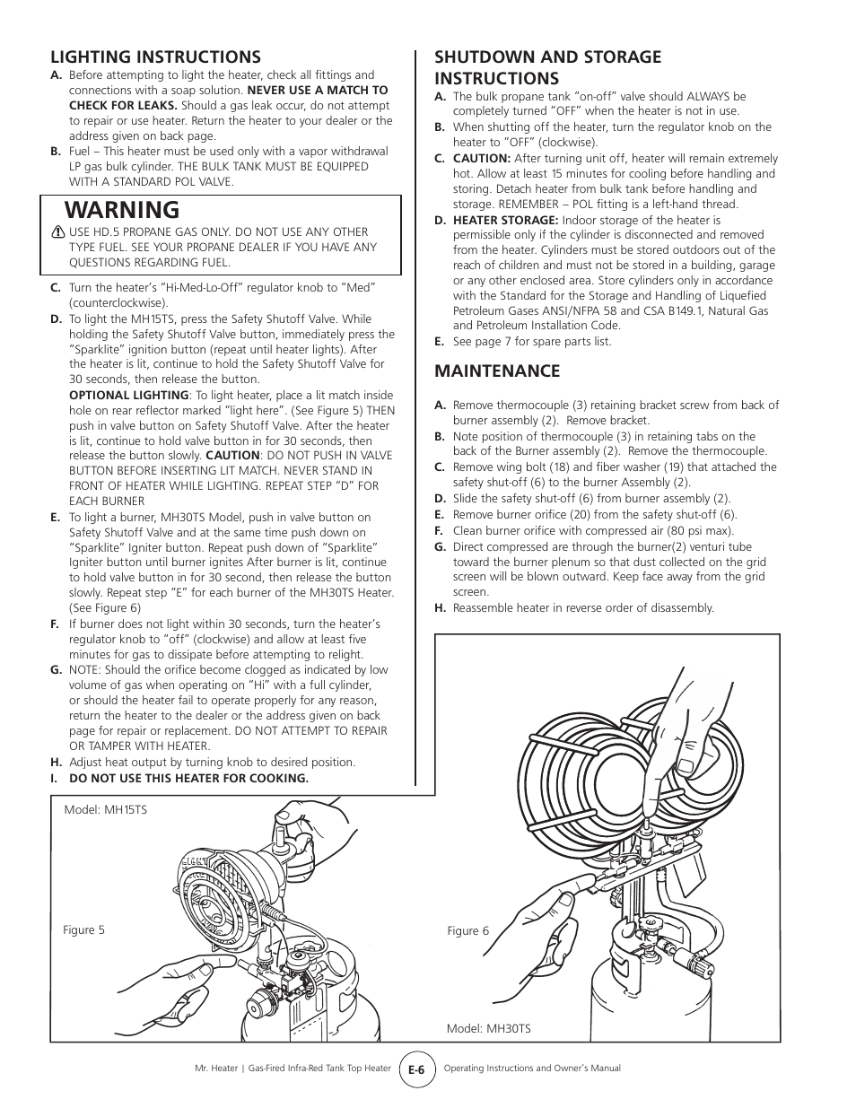 Warning, Lighting instructions, Shutdown and storage instructions | Maintenance | Mr. Heater Gas-Fired Infrared Tank Top Heater MH15tS User Manual | Page 6 / 24