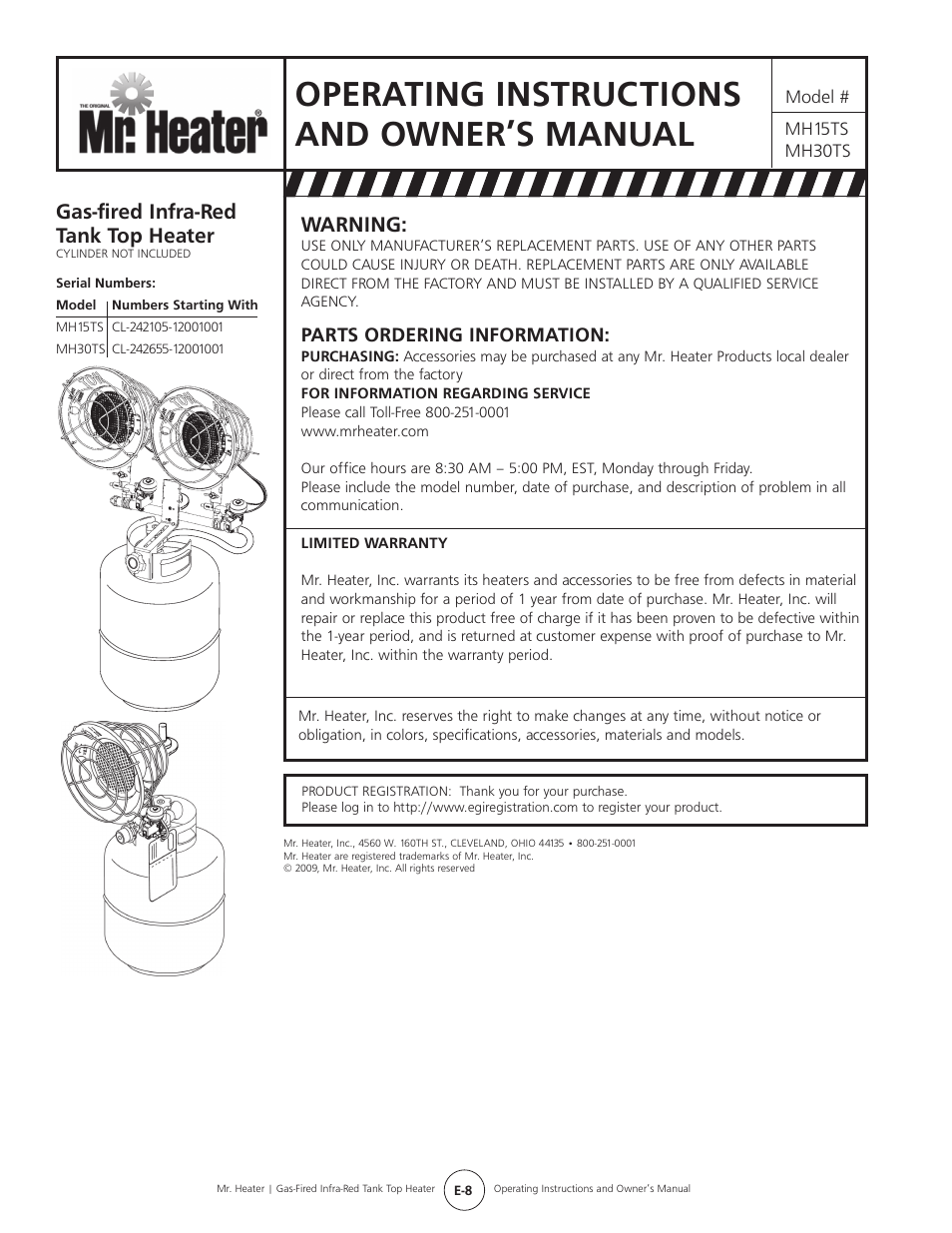 Operating instructions and owner’s manual, Warning, Gas-fired infra-red tank top heater | Parts ordering information | Mr. Heater Gas-Fired Infrared Tank Top Heater MH15tS User Manual | Page 8 / 24