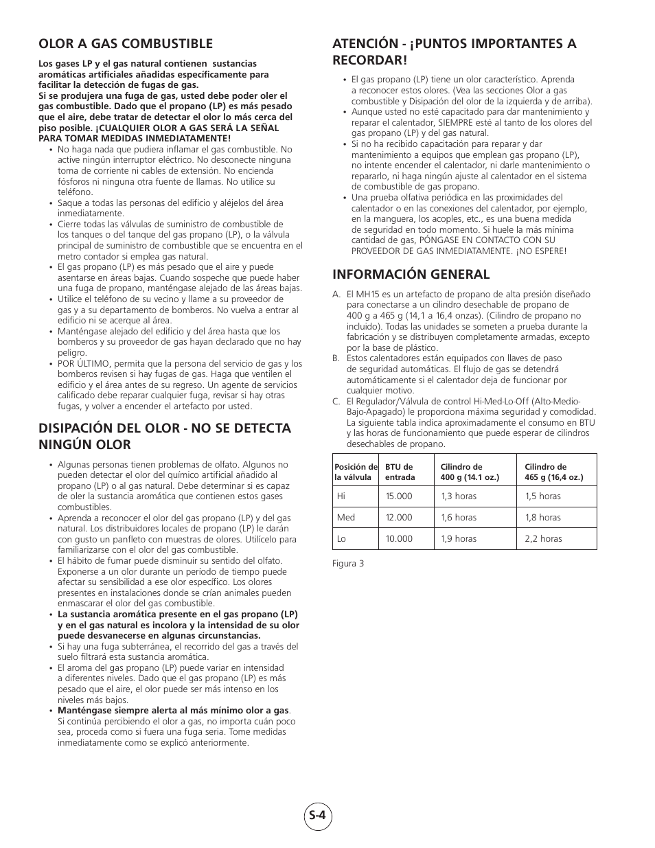 Información general, Olor a gas combustible, Disipación del olor - no se detecta ningún olor | Atención - ¡puntos importantes a recordar | Mr. Heater Gas-Fired Infra Red Portable Heater MH15 User Manual | Page 12 / 16