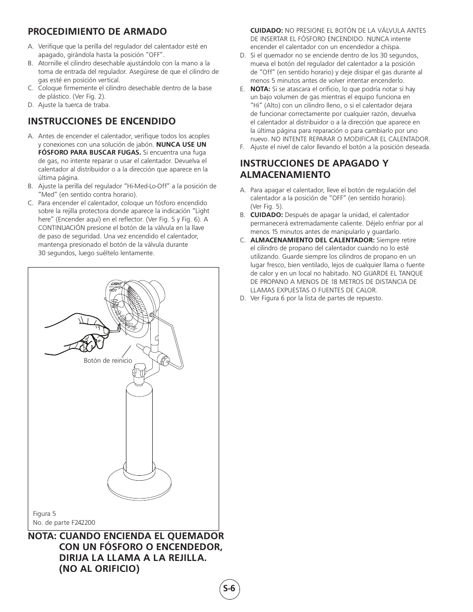 Procedimiento de armado, Instrucciones de encendido, Instrucciones de apagado y almacenamiento | Mr. Heater Gas-Fired Infra Red Portable Heater MH15 User Manual | Page 14 / 16