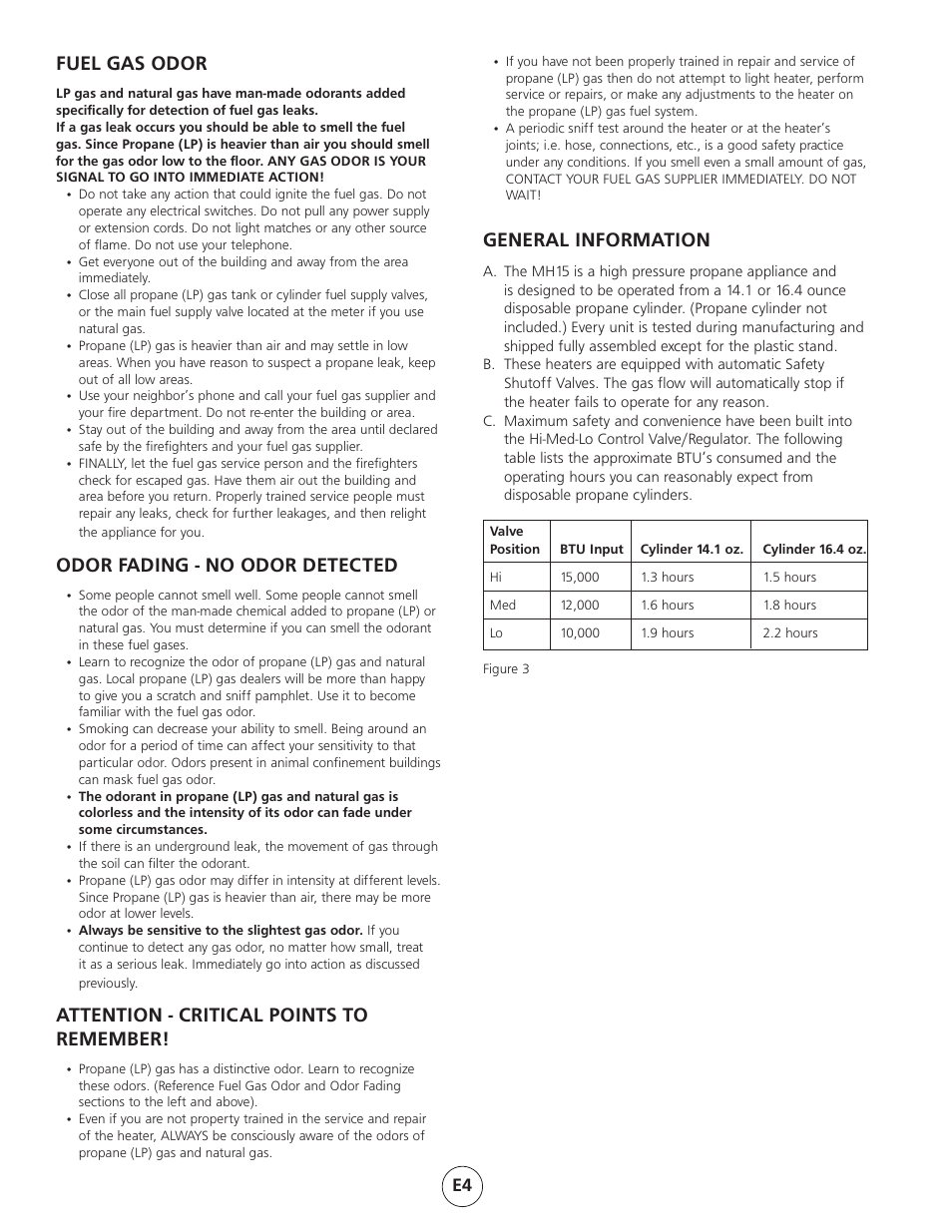 General information, Fuel gas odor, Odor fading - no odor detected | Attention - critical points to remember | Mr. Heater Gas-Fired Infra Red Portable Heater MH15 User Manual | Page 4 / 16