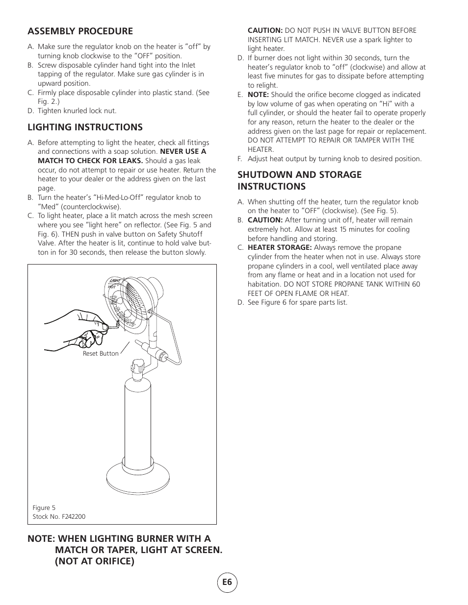 Assembly procedure, Lighting instructions, Shutdown and storage instructions | Mr. Heater Gas-Fired Infra Red Portable Heater MH15 User Manual | Page 6 / 16