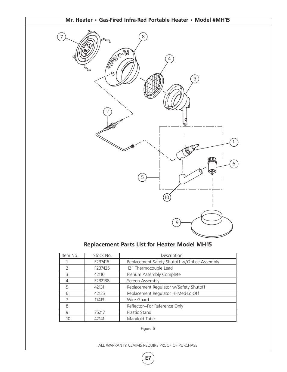 Replacement parts list for heater model mh15 | Mr. Heater Gas-Fired Infra Red Portable Heater MH15 User Manual | Page 7 / 16