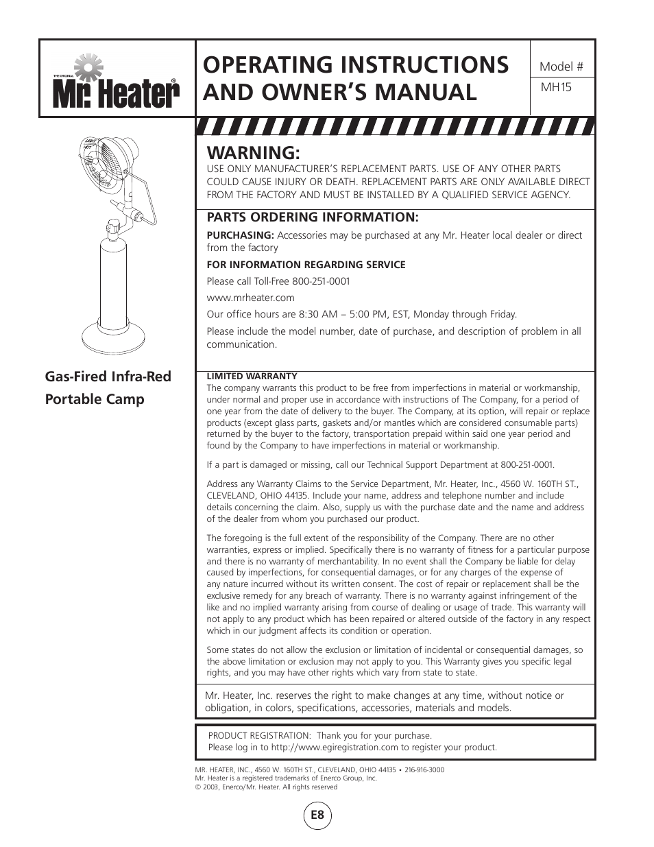 Operating instructions and owner’s manual, Warning, Gas-fired infra-red portable camp | Mr. Heater Gas-Fired Infra Red Portable Heater MH15 User Manual | Page 8 / 16