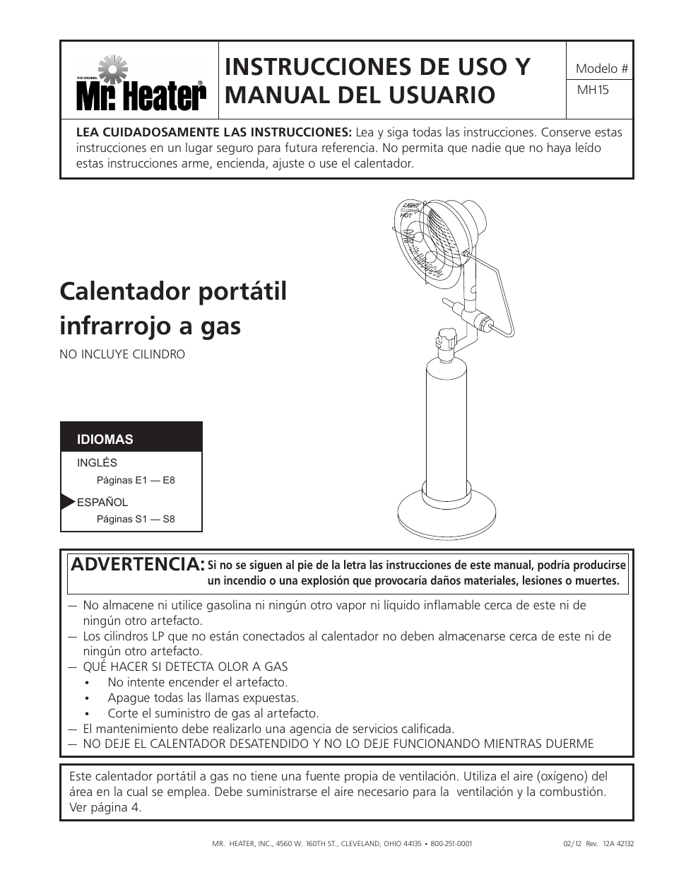 Calentador portátil infrarrojo a gas, Instrucciones de uso y manual del usuario, Advertencia | Mr. Heater Gas-Fired Infra Red Portable Heater MH15 User Manual | Page 9 / 16