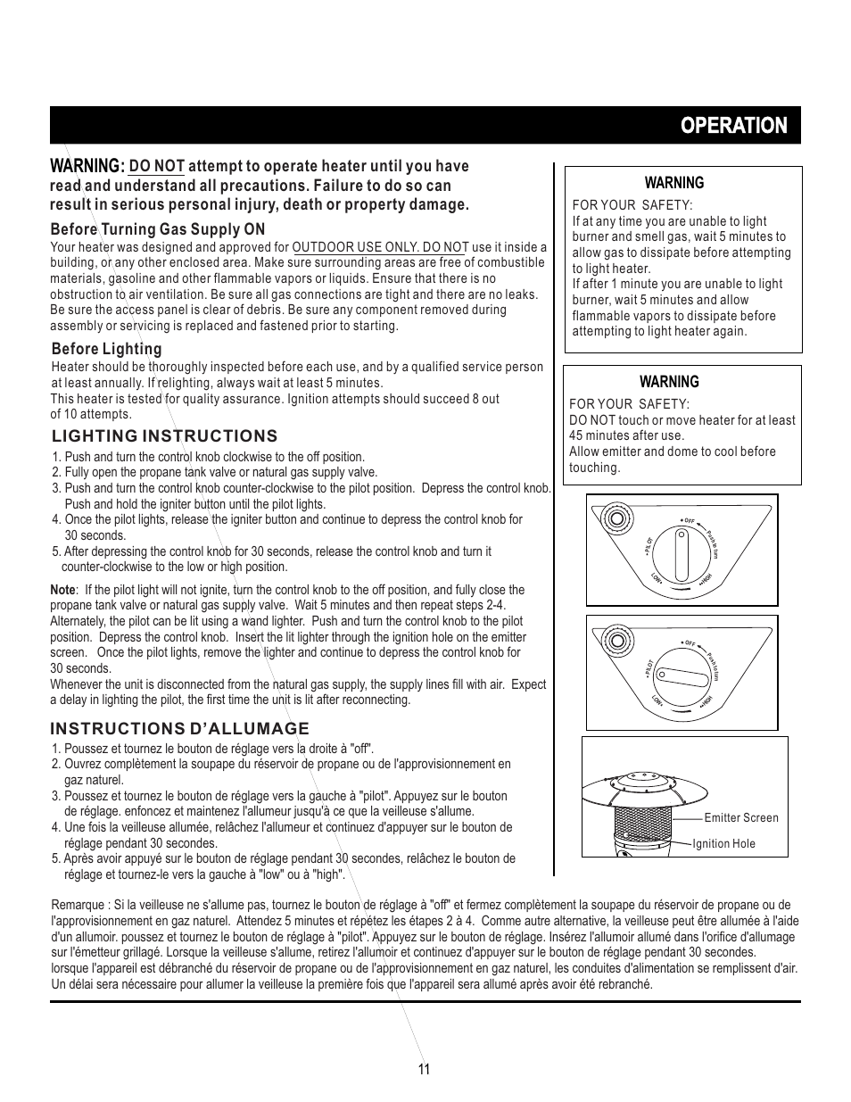 页 11, Operation, Warning | Before lighting, Lighting instructions, Instructions d’allumage | Mr. Heater SRPH02S User Manual | Page 11 / 15