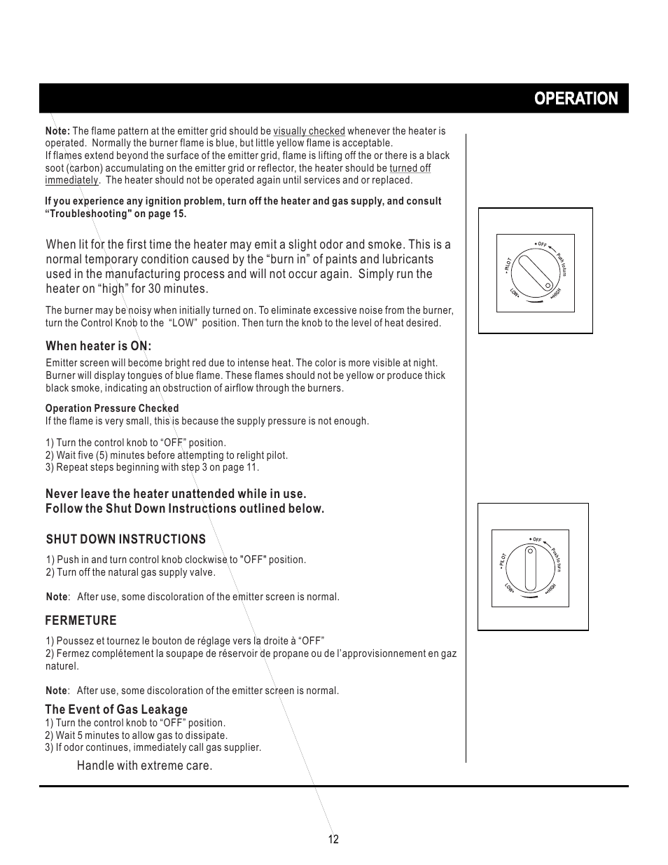 页 12, Operation, When heater is on | Handle with extreme care. the event of gas leakage, Fermeture | Mr. Heater SRPH02S User Manual | Page 12 / 15