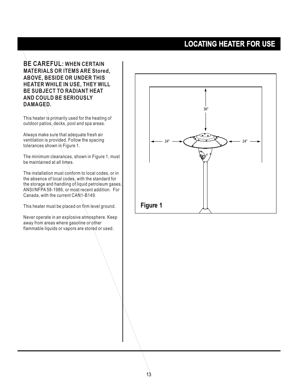 页 13, Locating heater for use, Figure 1 be careful | Mr. Heater SRPH02S User Manual | Page 13 / 15