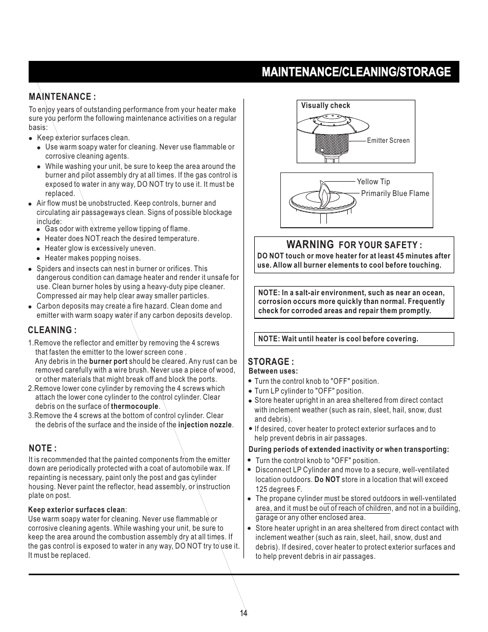 页 14, Maintenance/cleaning/storage, Warning | Mr. Heater SRPH02S User Manual | Page 14 / 15
