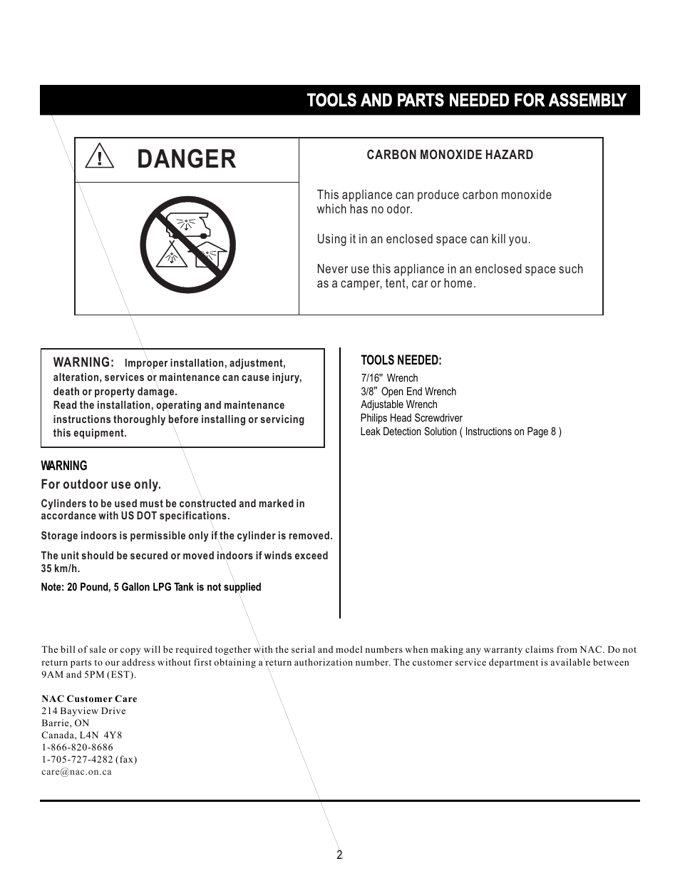 Danger, Tools and parts needed for assembly | Mr. Heater SRPH02S User Manual | Page 2 / 15