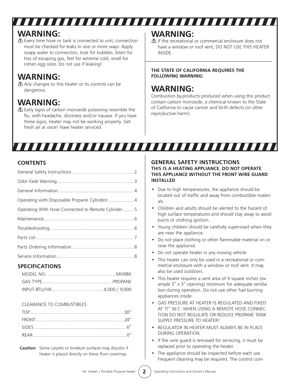 Warning | Mr. Heater MH9BX User Manual | Page 2 / 8