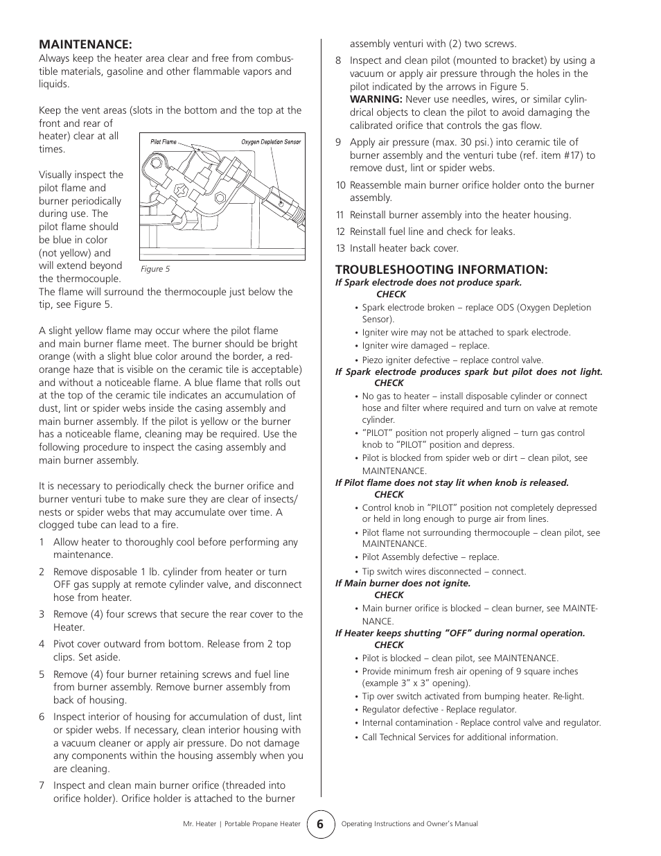 Troubleshooting information, Maintenance | Mr. Heater MH9BX User Manual | Page 6 / 8