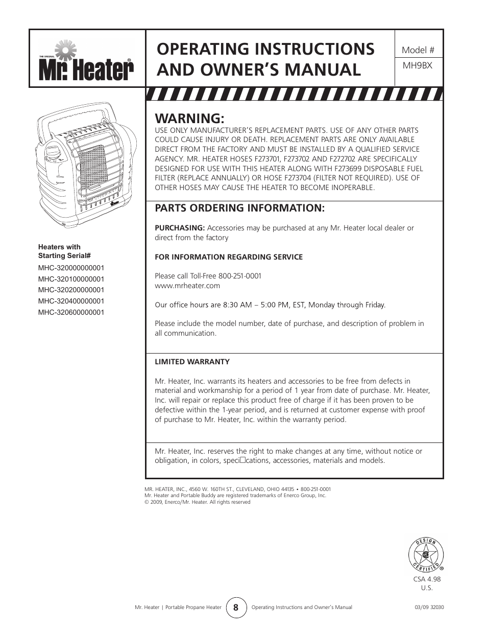 And owner’s manual, Operating instructions, Warning | Parts ordering information | Mr. Heater MH9BX User Manual | Page 8 / 8