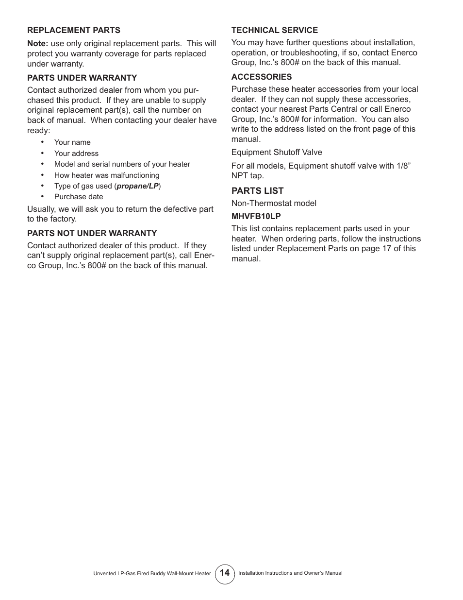 Mr. Heater MHVFB10LP User Manual | Page 14 / 16