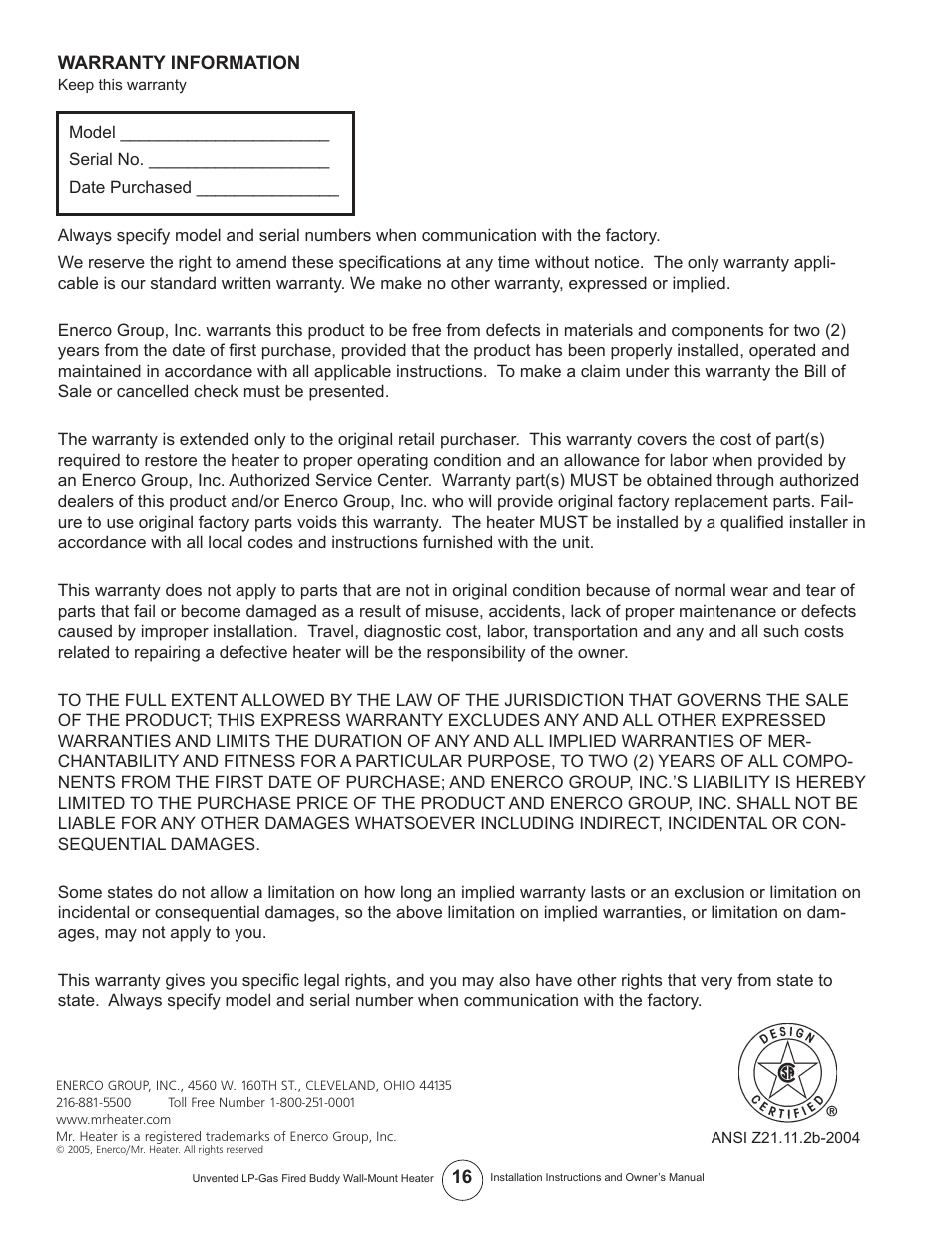 Mr. Heater MHVFB10LP User Manual | Page 16 / 16