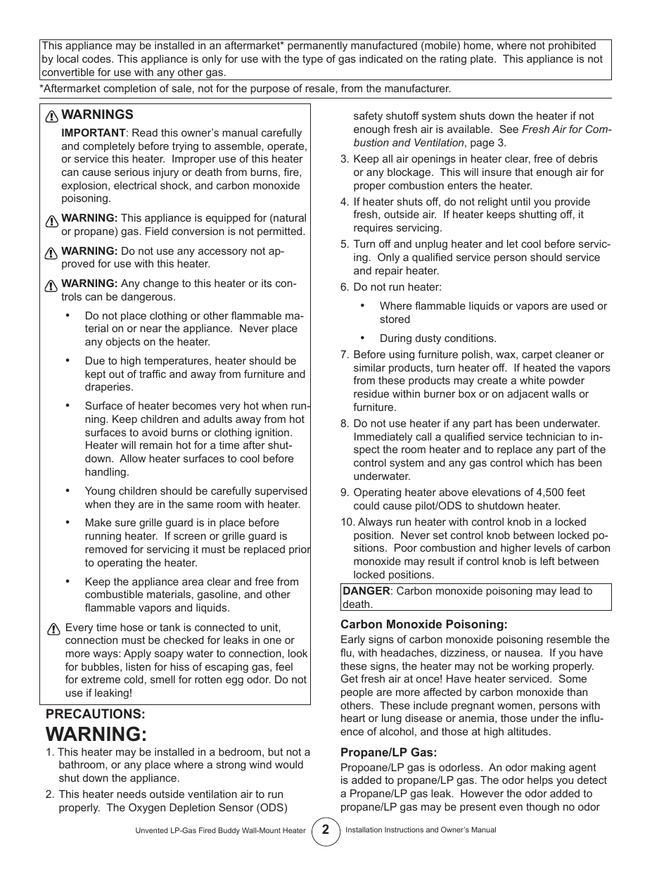 Warning | Mr. Heater MHVFB10LP User Manual | Page 2 / 16