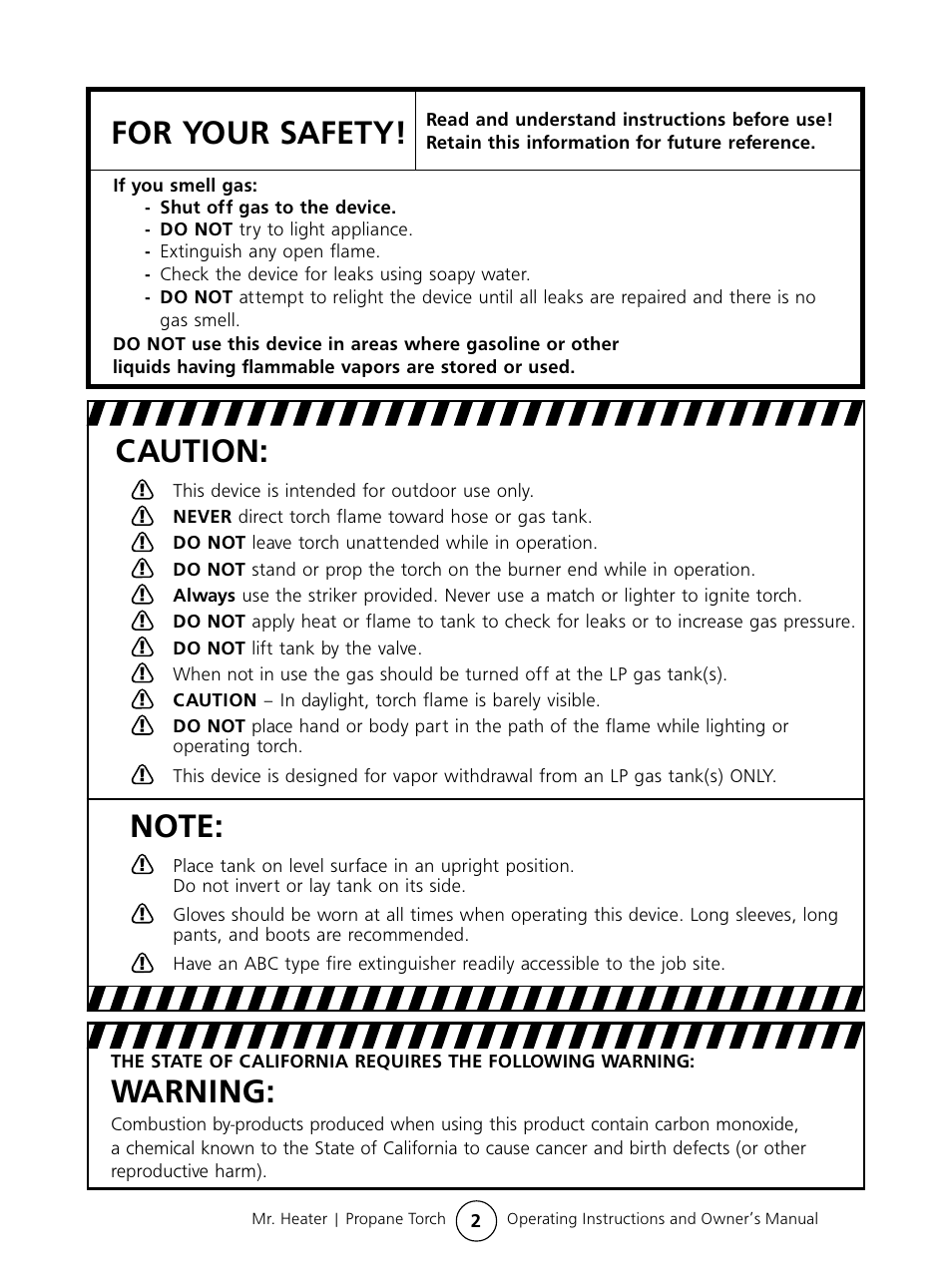 Caution, For your safety, Warning | Mr. Heater #MH500PT User Manual | Page 2 / 8