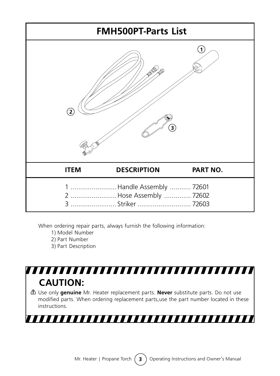 Fmh500pt-parts list caution | Mr. Heater #MH500PT User Manual | Page 3 / 8